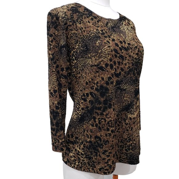 Nygard Black Brown Gold Stretch Top Cat Print M, 10-12 - Picture 3 of 9